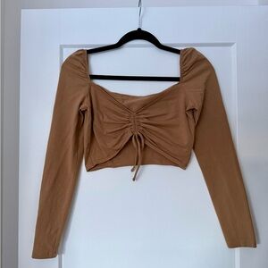 TNA Beige Ruched Long Sleeve Crop Top